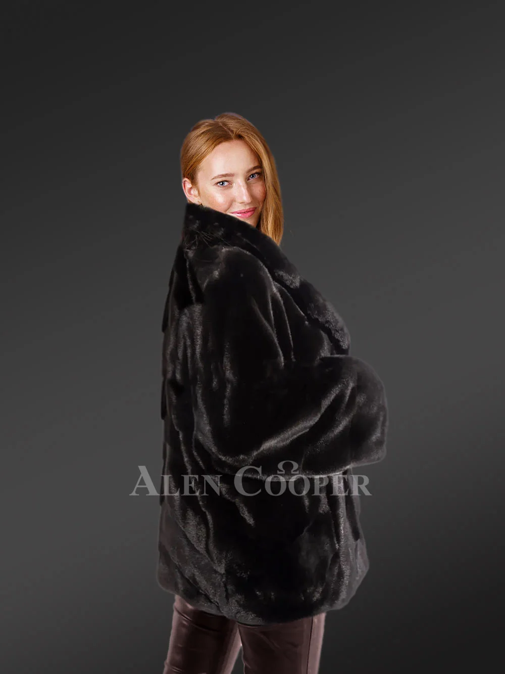 Womens black mink coat with notched lapel and baggy sleeves