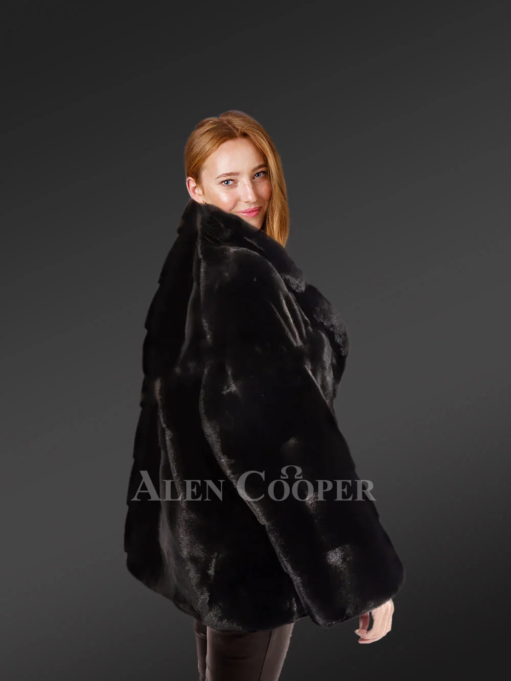 Womens black mink coat with notched lapel and baggy sleeves