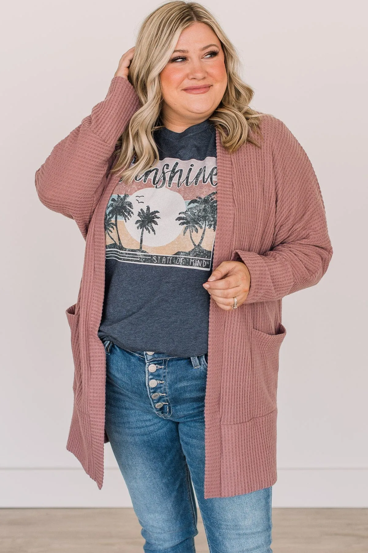 Worth Waiting For Waffle Knit Cardigan- Mauve