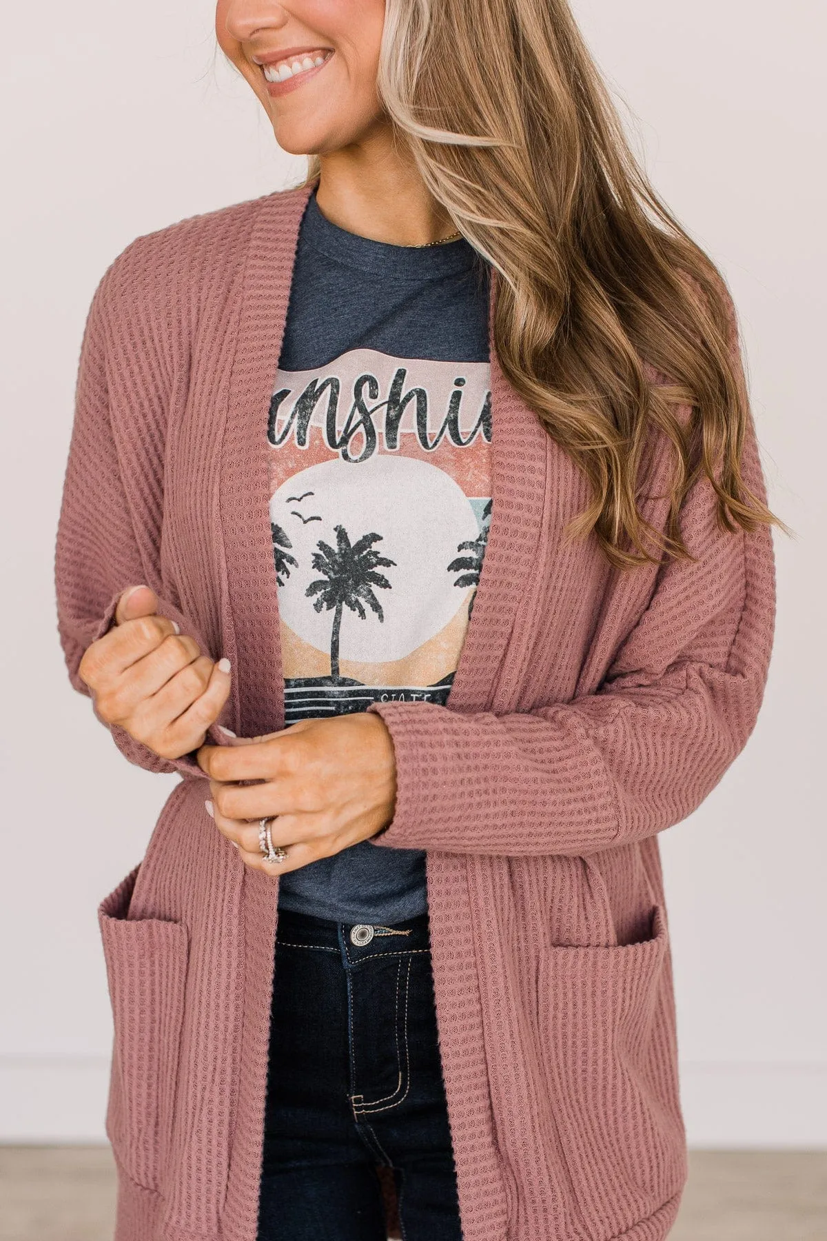 Worth Waiting For Waffle Knit Cardigan- Mauve