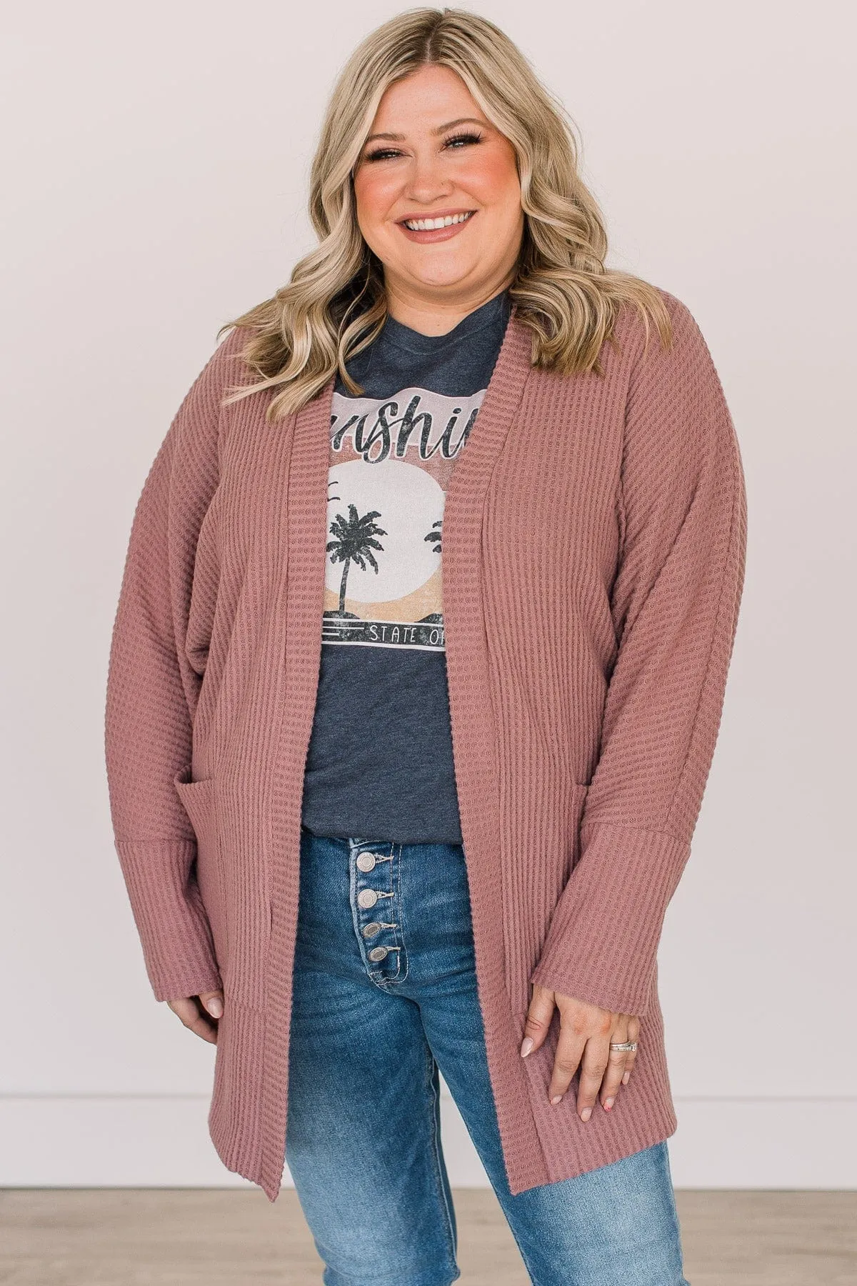 Worth Waiting For Waffle Knit Cardigan- Mauve