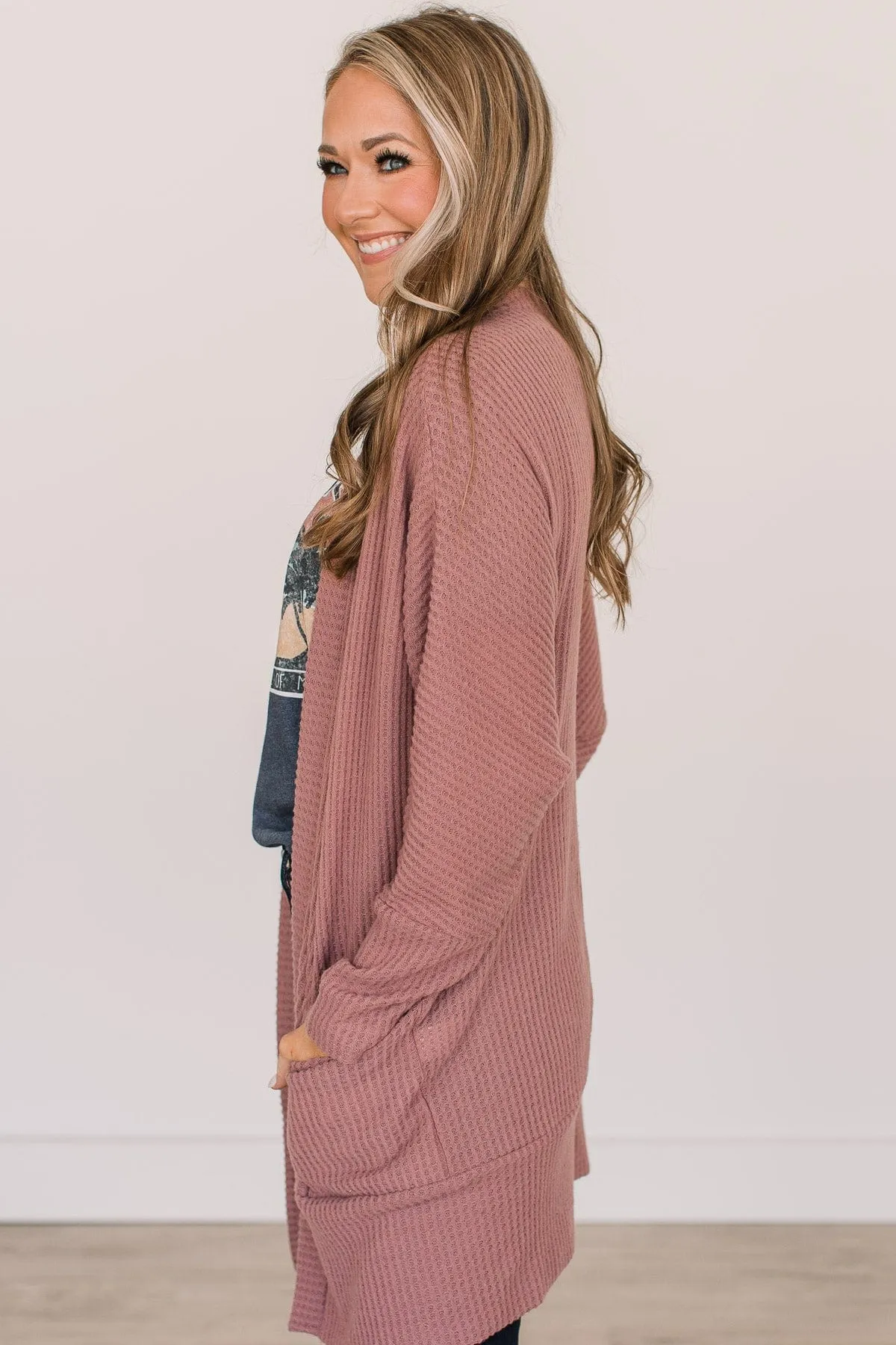 Worth Waiting For Waffle Knit Cardigan- Mauve