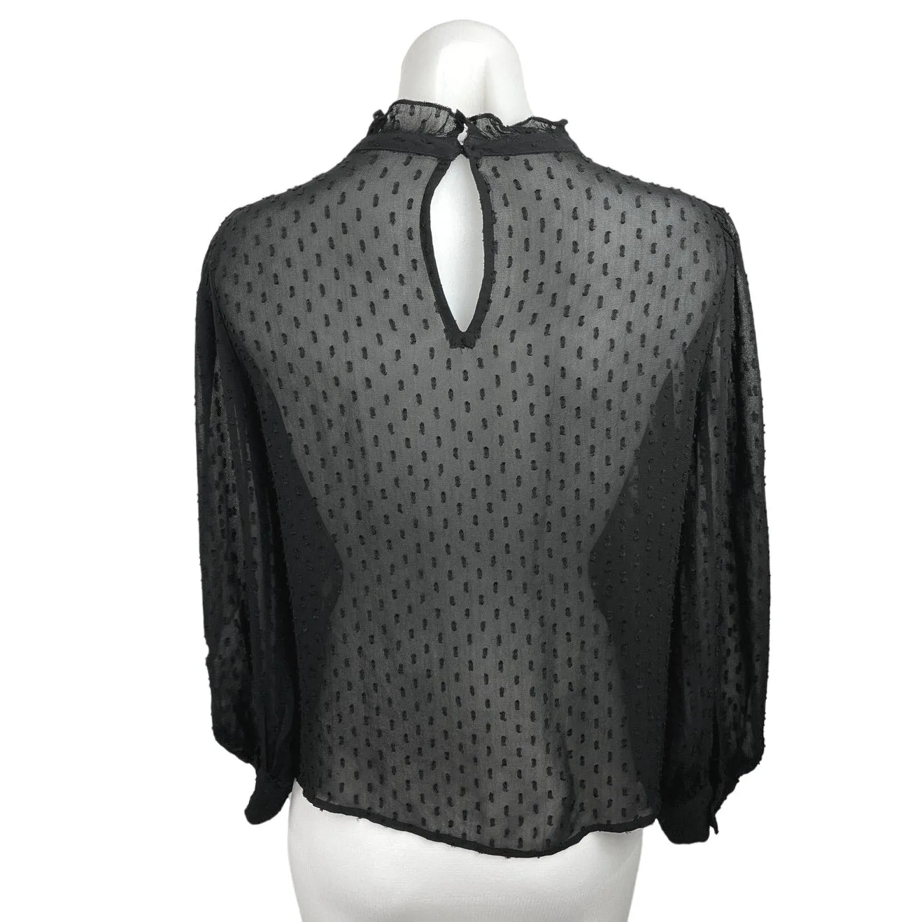 Zara Maureen Black Swiss Dot Ruffled High Neck Long Sleeves Semi Sheer Blouse S