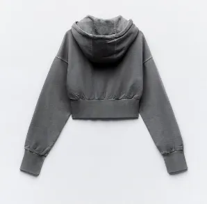 ZARA  |ZARA Cropped Hoodie with a metal zipper -carbon grey