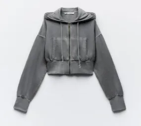 ZARA  |ZARA Cropped Hoodie with a metal zipper -carbon grey