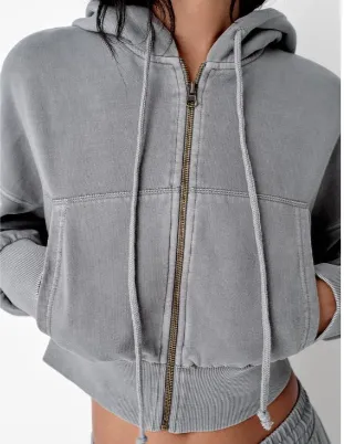 ZARA  |ZARA Cropped Hoodie with a metal zipper -carbon grey